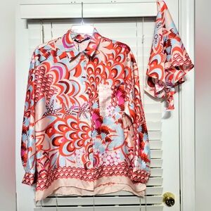 NWT Zara Shirt Women's Medium Printed Long Sleeve Floral Oversized Boxy Button